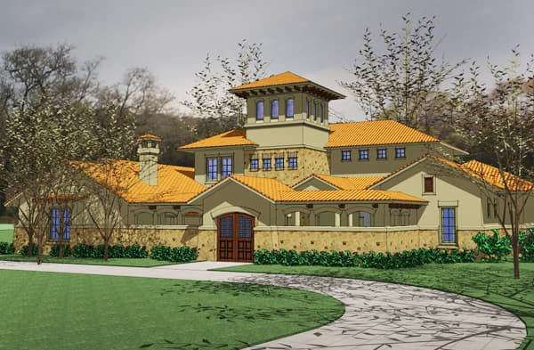 House plan exterior: Mediterranean style, two-story structure with tower, tile roof, stone accents, and double entry doors.