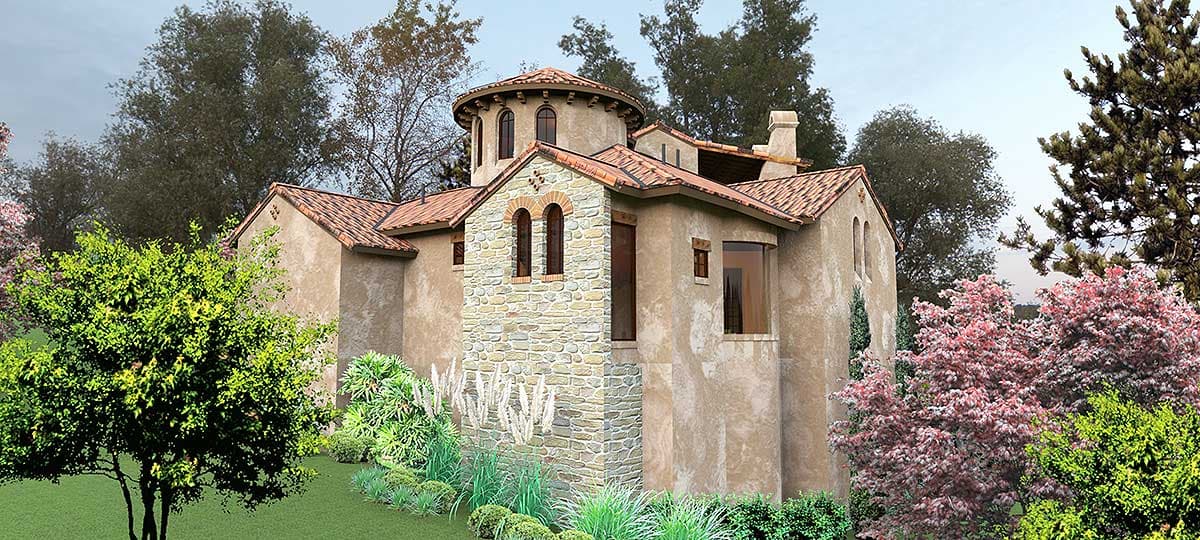 House plan exterior: Mediterranean style with stucco, stone accents, tile roof, round tower, and arched windows.