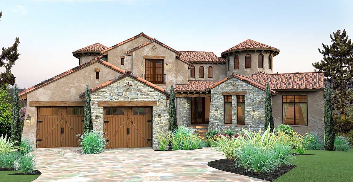 House plan exterior: Tuscan style, two stories, stone accents, arched garage doors, and a round tower.