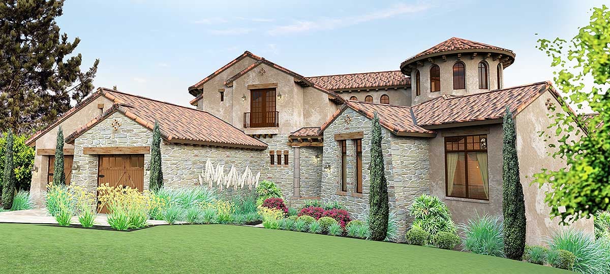 House plan exterior. Mediterranean style with stucco, stone accents, tile roof, and arched tower.