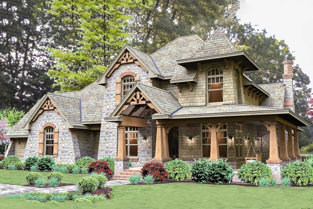 Craftsman style house plan exterior with stone and shingle siding, prominent gables, and a large covered front porch with timber posts.
