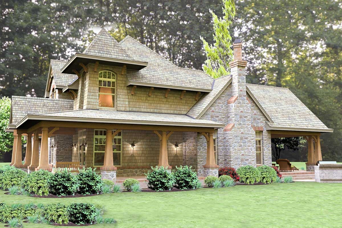 Craftsman house plan exterior with stone chimney, full-width covered porch, and multiple gables.