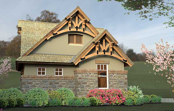 House plan exterior with stone foundation, arched gables with exposed wood trusses, and shingle roofing.