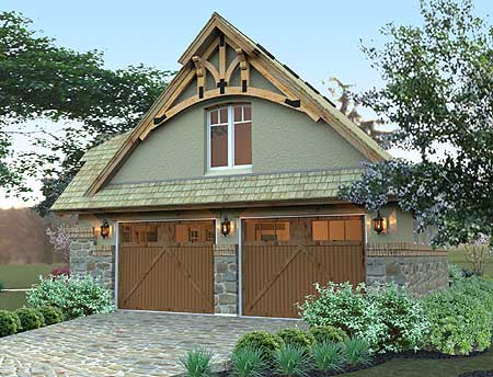 House plan exterior of a two-car garage with stone base, wooden doors, gables, and decorative timber framing.