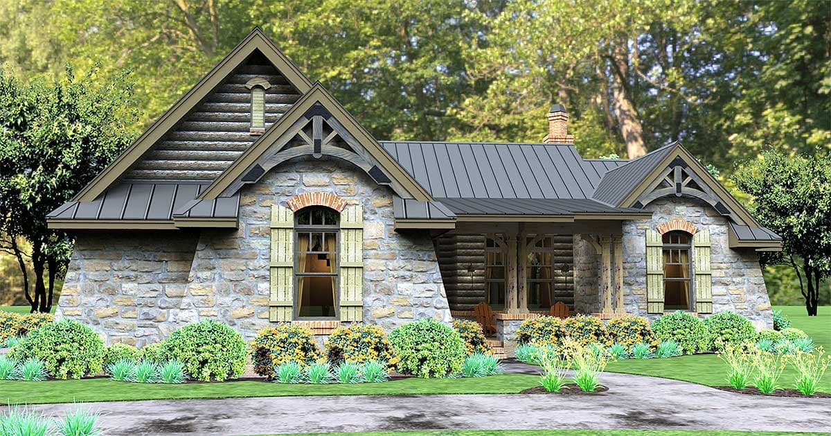 Craftsman house plan exterior with stone facade, metal roof, prominent gables, and covered front porch.
