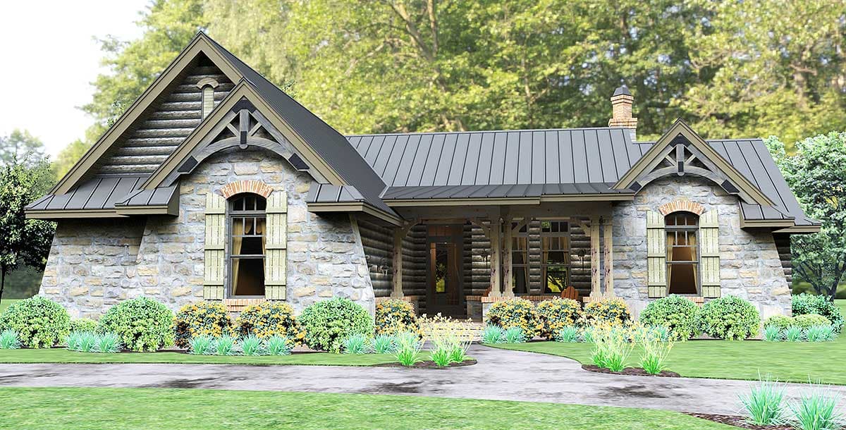 House plan exterior with stone and timber construction, metal gable roof, arched windows with shutters, and covered entry.