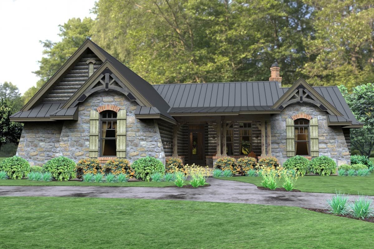 House plan exterior with stone and timber construction, metal gable roof, arched windows with shutters, and covered entry.