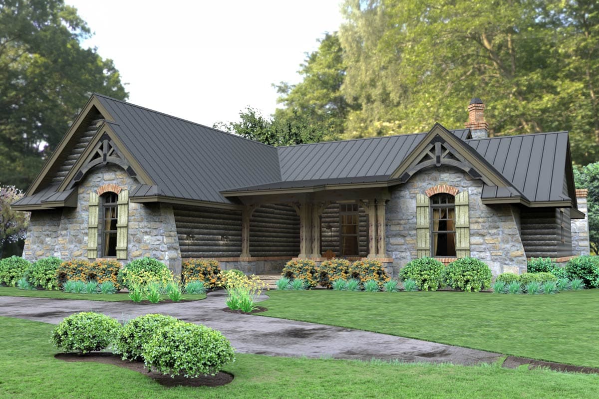 House plan exterior: Rustic log and stone ranch with metal roof, prominent gables, dormers, and covered front porch.