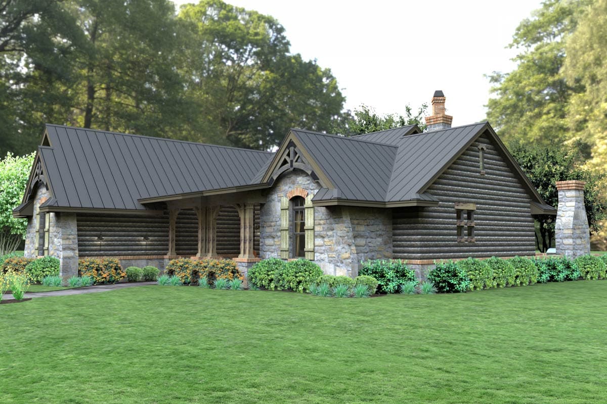House plan exterior: Log home with stone accents, covered porch, metal roof, and prominent stone chimney.