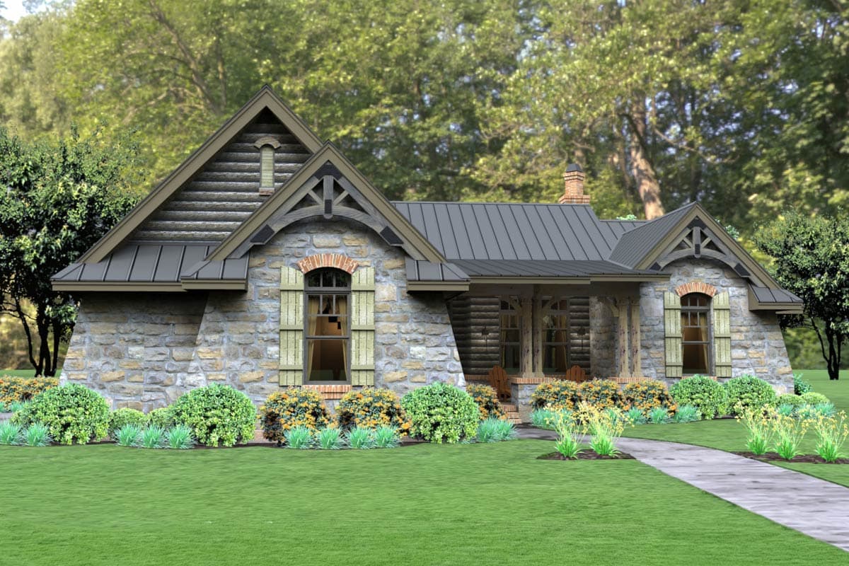 Craftsman house plan exterior with stone facade, metal roof, prominent gables, and covered front porch.