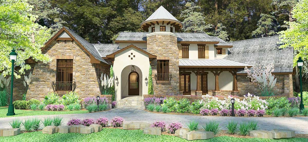House plan exterior with stone facade, arched entry, prominent turret with conical roof, and covered porch with timber supports.