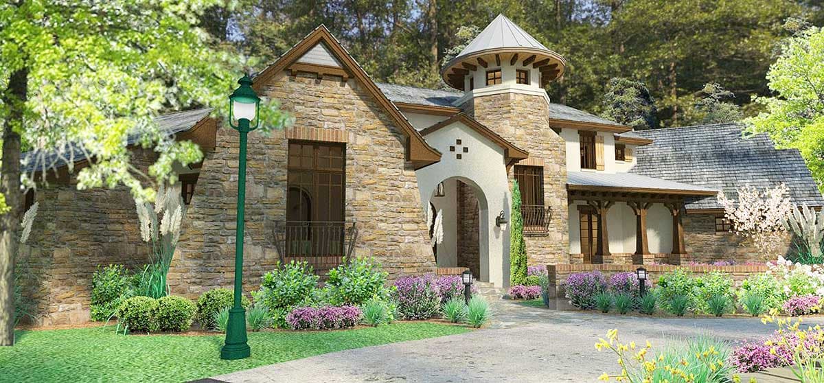 House plan exterior of a two-story stone home with arched entryway, turret, and covered porch.