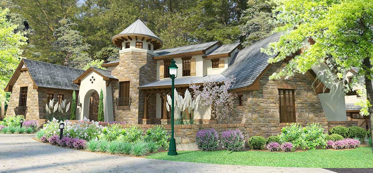 House plan exterior with stone facade, arched entryway, turretted tower with conical roof, multiple gables, and covered porch.