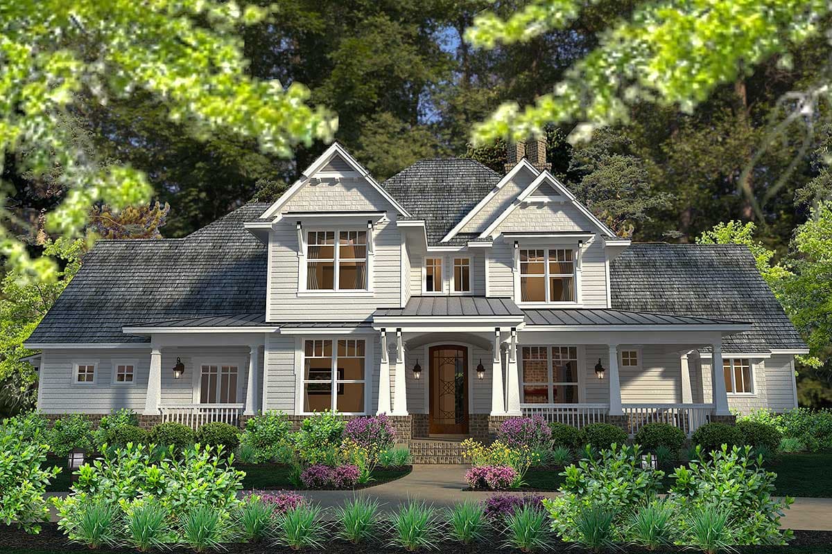 House plan exterior: two-story Modern Farmhouse with covered wrap-around porch, dormers, and prominent gables.