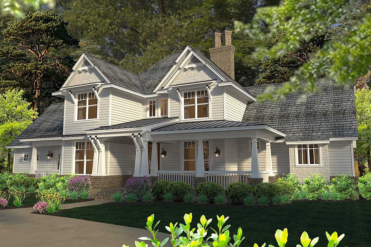 House plan exterior featuring a prominent gabled roof, central porch with columns, and dormer windows.