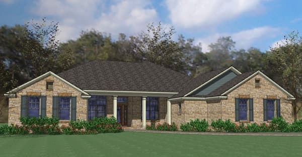 House plan exterior of a one-story home with stone facade, a covered front porch supported by columns, and gabled rooflines.