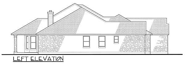Left elevation drawing of a house plan featuring a stone exterior, gabled rooflines, a chimney, and a covered porch with columns.