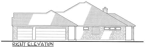 Right elevation house plan showing a three-car garage, stone exterior, and multiple gables.