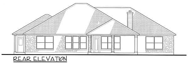 Rear elevation drawing of a single-story house with stone accents, multiple gables, and a covered porch area.
