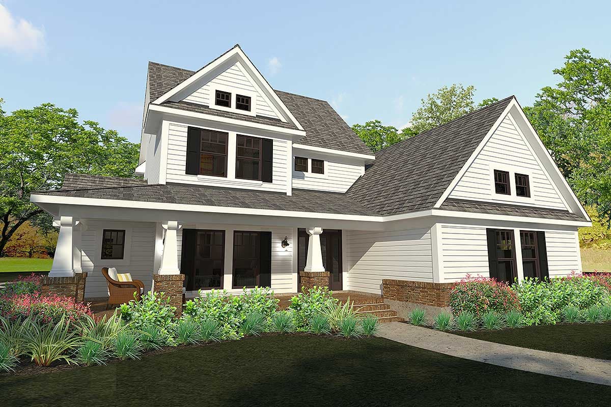 House plan exterior. Two-story Modern Farmhouse with a gabled roof, a covered porch with columns, and dormers.