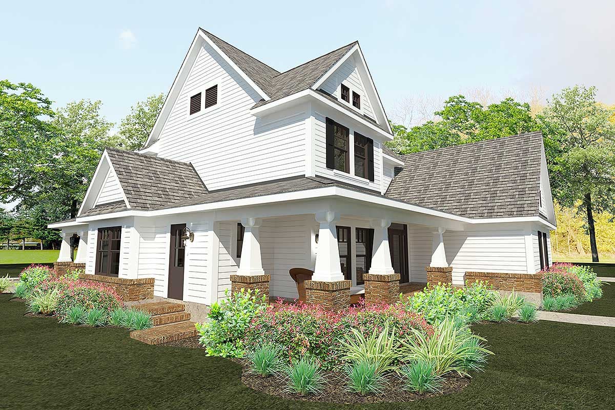 House plan exterior: white two-story home with gabled roof, wraparound porch, and stone accents.
