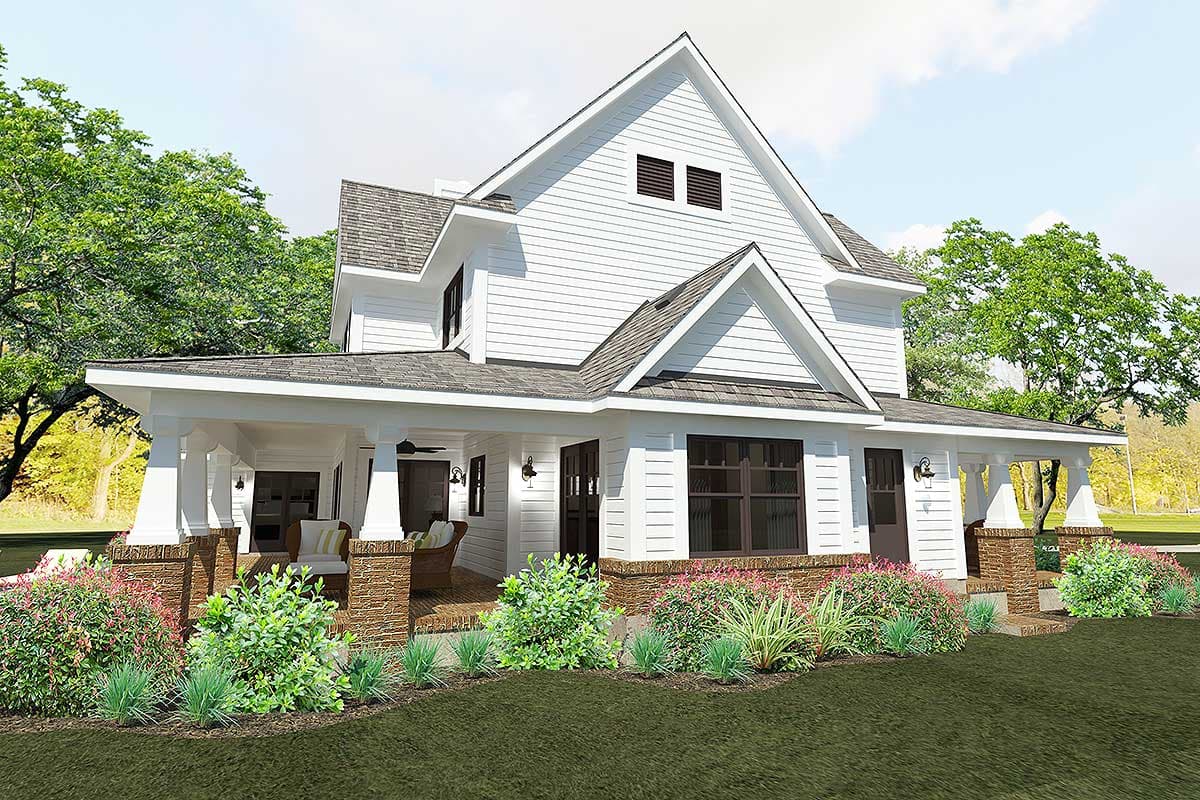 Modern Farmhouse house plan exterior with wraparound porch, brick accents, and multiple gables.