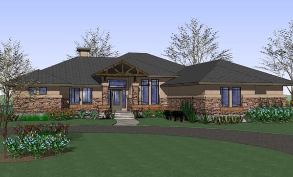 House plan exterior: Modern style, one story, stone accents, large windows, covered entryway with exposed beams.