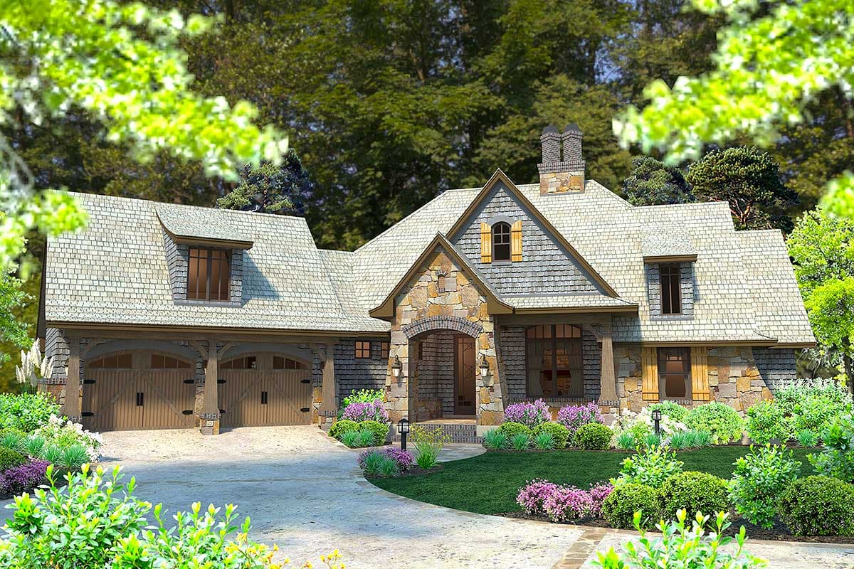 House plan exterior: Stone and wood home with a steep roof, arched entryway, dormer windows, and a three-car garage.