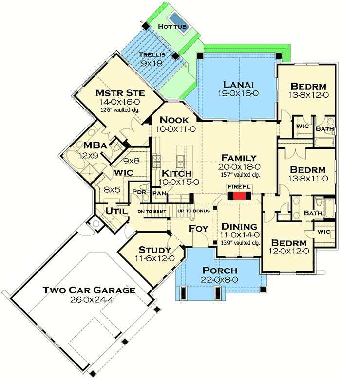 Plan 16883WG: Mountain Home Plan with Bonus Room - 2482 Sq Ft - Floor Plan - Main Level - Craftsman, European, Mountain, Rustic