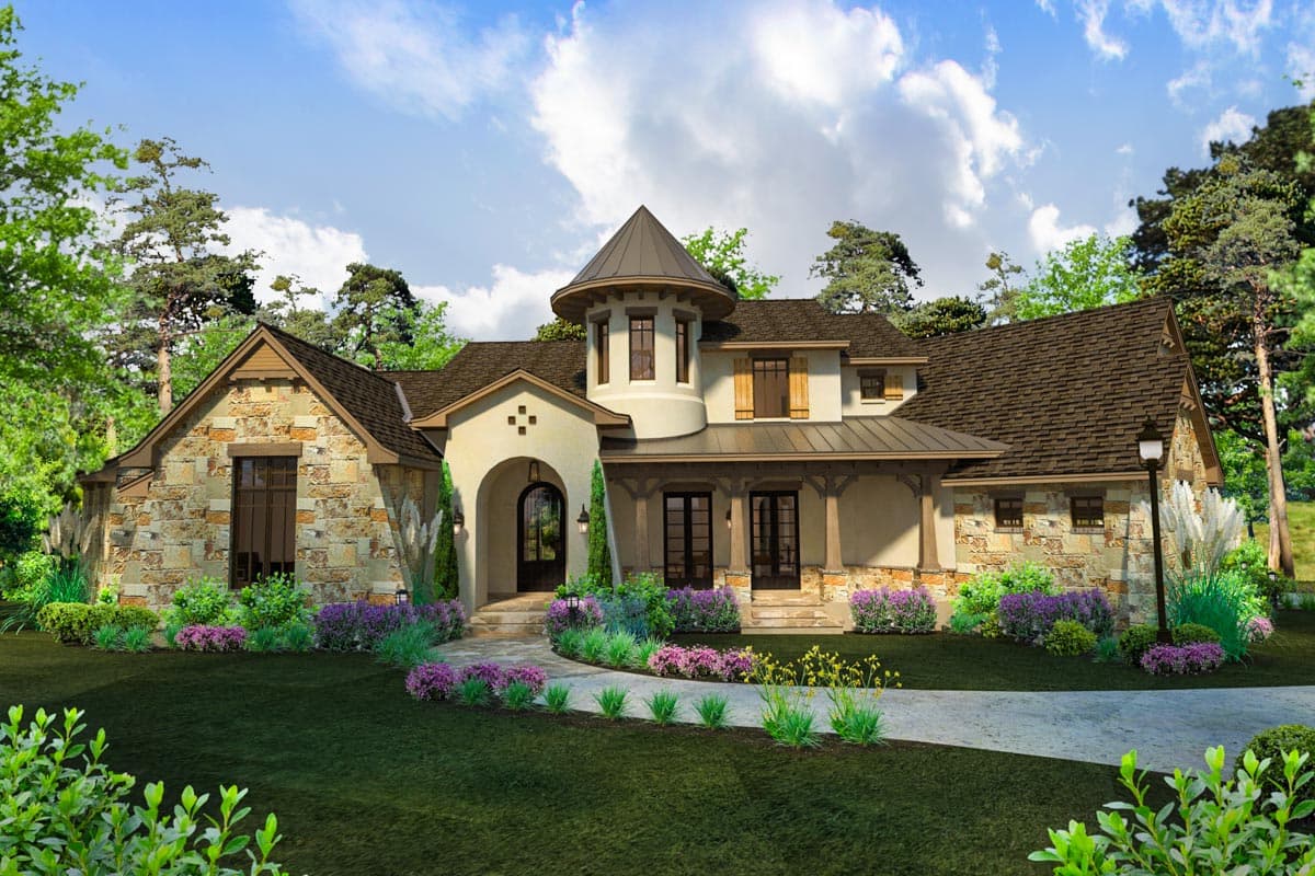 House plan exterior featuring a turret, arched entry, covered porch with wood columns, and stone accents.