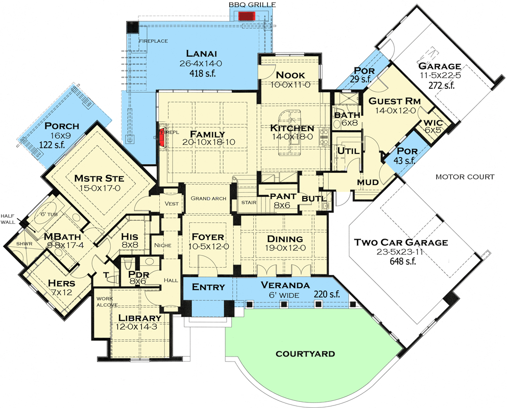 Plan 16884WG: Distinctive Cottage With Lanai and Courtyard - Floor Plan - Main Level - Cottage, European, French Country, Mountain
