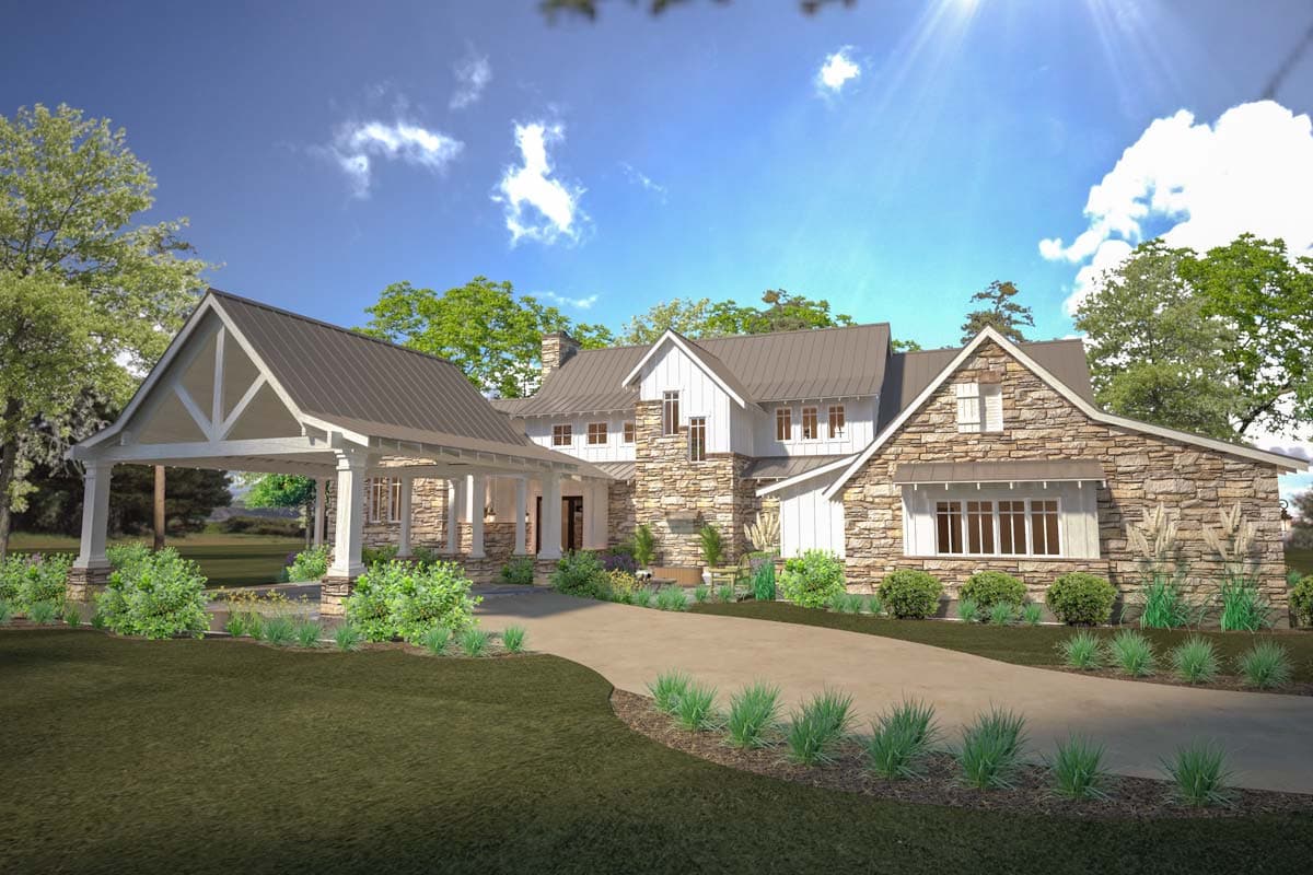 House plan exterior with stone and siding facade, covered porch, multiple gables, and metal roof. Two-story home with attached carport.