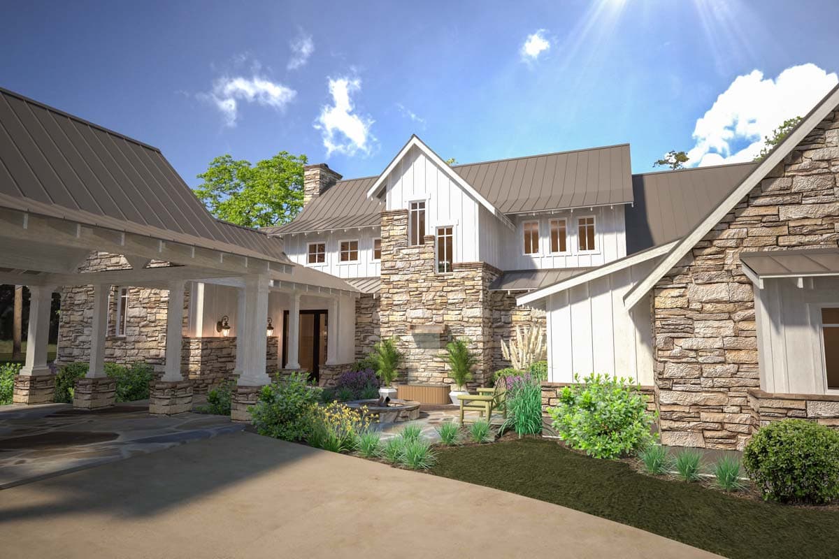 House plan exterior: Two-story modern farmhouse with stone accents, metal roof, gabled dormers, and covered porte-cochère.