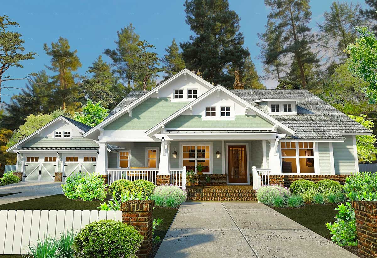 Craftsman style house plan exterior with a prominent gable, covered porch, dormer windows, and a three-car garage.