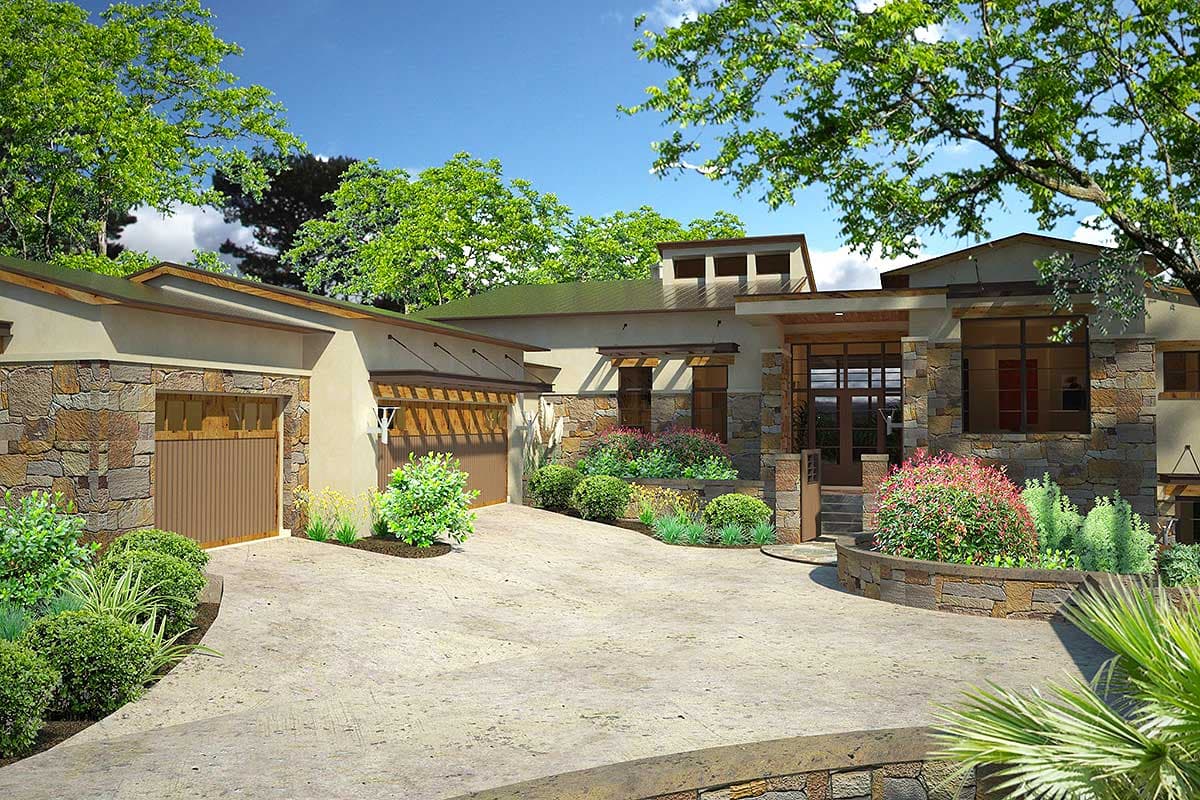 House plan exterior: Modern design with stone accents, multi-level roof, and a two-car garage. Features covered entry and large windows.