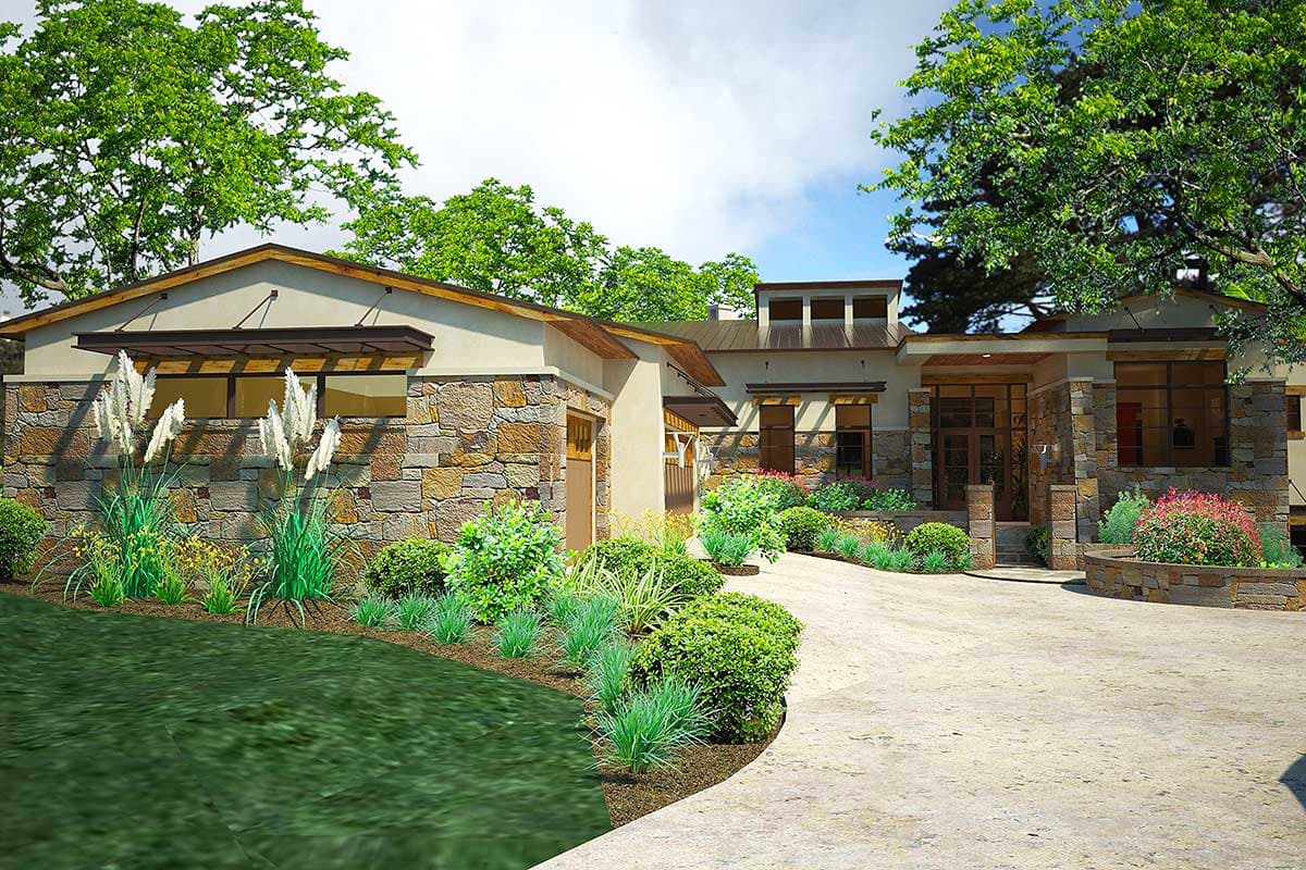 House plan exterior: One-story modern home with stone accents, wide eaves, metal roof, and two-car garage.