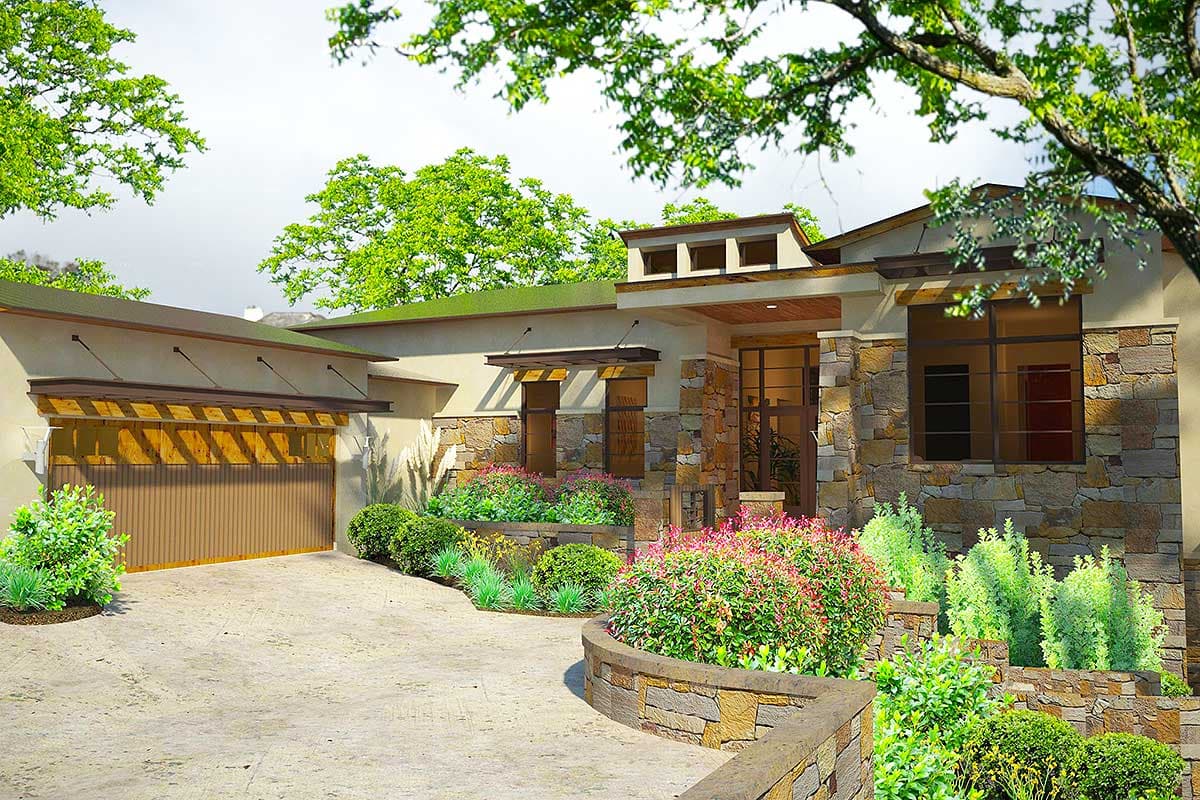 House plan exterior: Modern design with stone facade, wide garage, and sloped rooflines with overhangs.