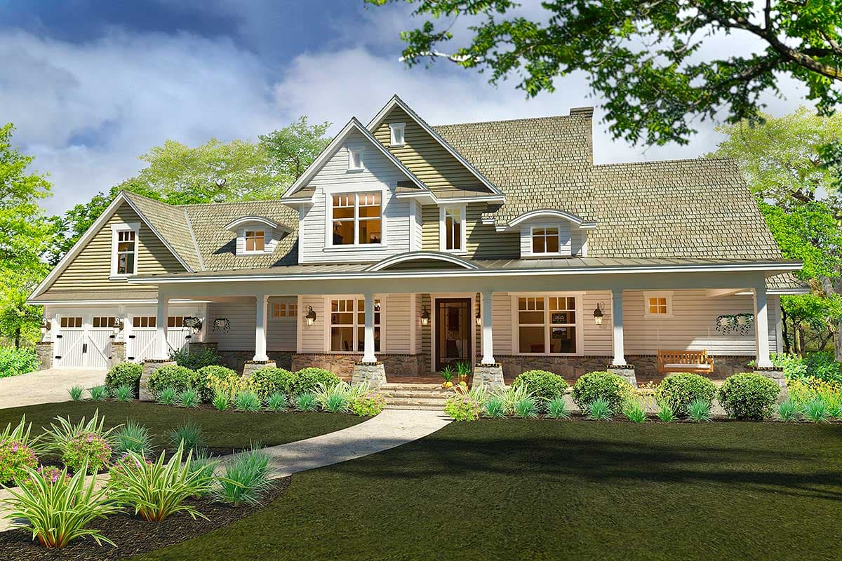 House plan exterior of a two-story Modern Farmhouse with a wraparound porch, gables, dormers, and a three-car garage.