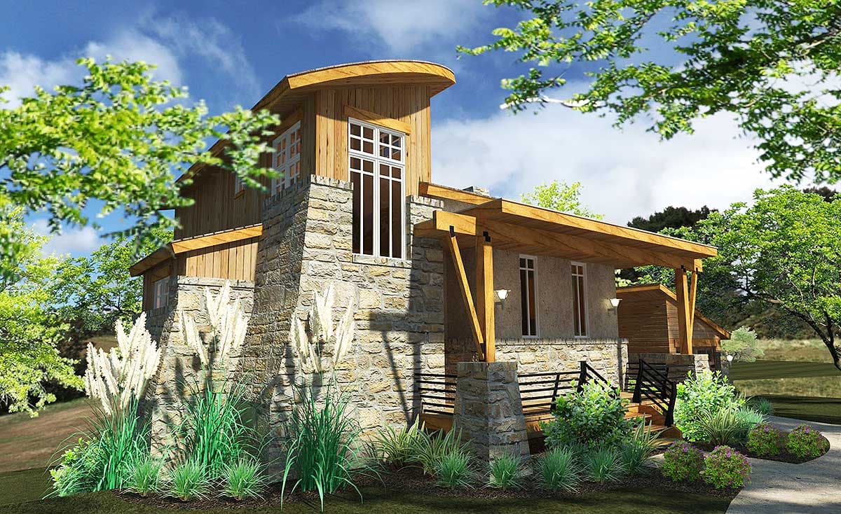 House plan exterior featuring stone base, wood siding, large windows, covered porch with wood beams, and curved roofline.