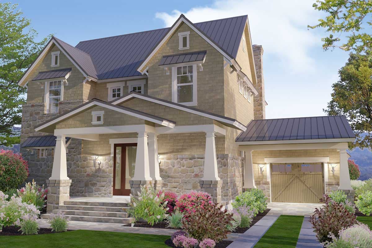 House plan exterior with Craftsman style. Two-story home with a gabled roof, stone accents, and a front porch. Features an attached garage.