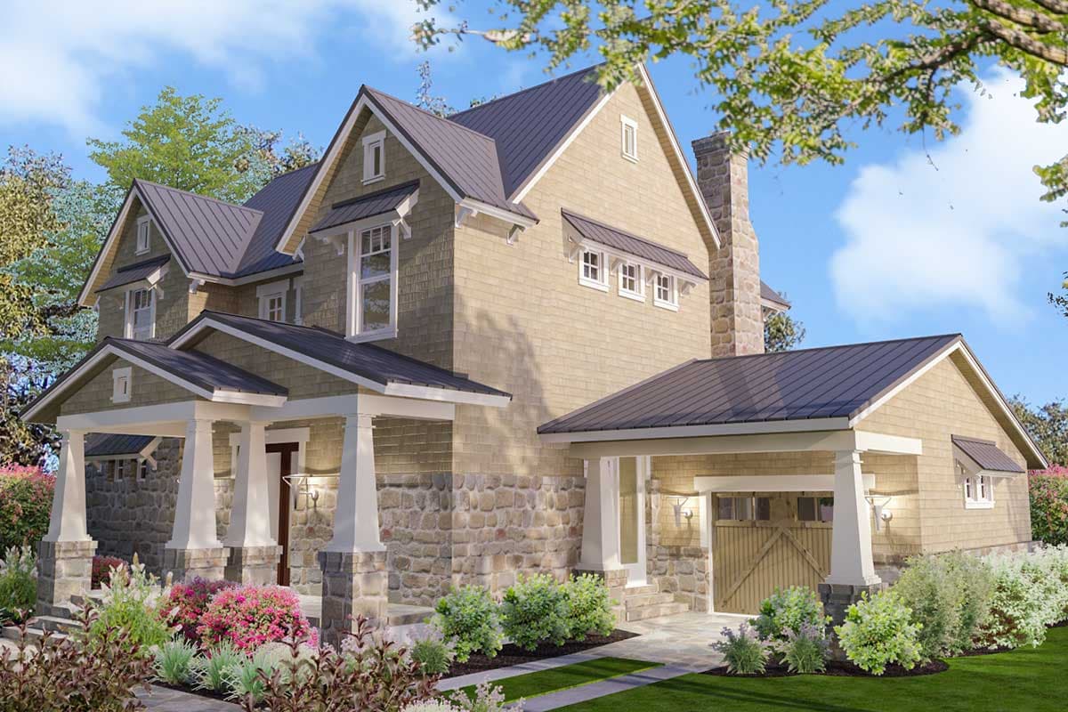 Craftsman style house plan exterior with stone base, prominent porch, multiple gables, and attached garage.
