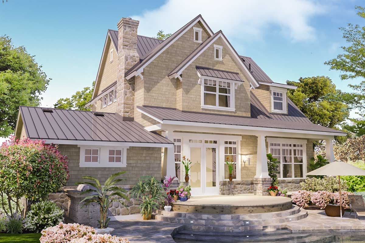 House plan exterior with stone chimney, shingle siding, metal roof, dormers, and covered entry porch.