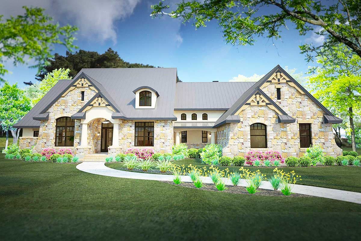 House plan exterior: Stone-clad, one-story home with multiple gables, arched dormer, and covered entry.