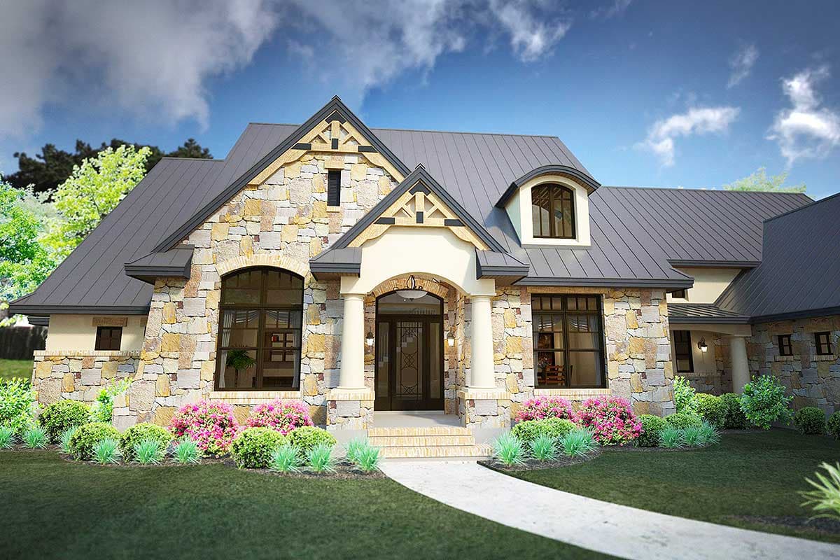 House plan exterior with stone facade, metal roof, prominent gables, arched windows, and covered entry.