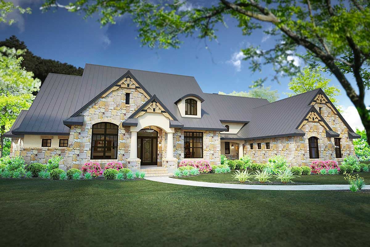 House plan exterior, stone facade, metal roof, covered entry with columns, gabled dormer, and large arched windows.