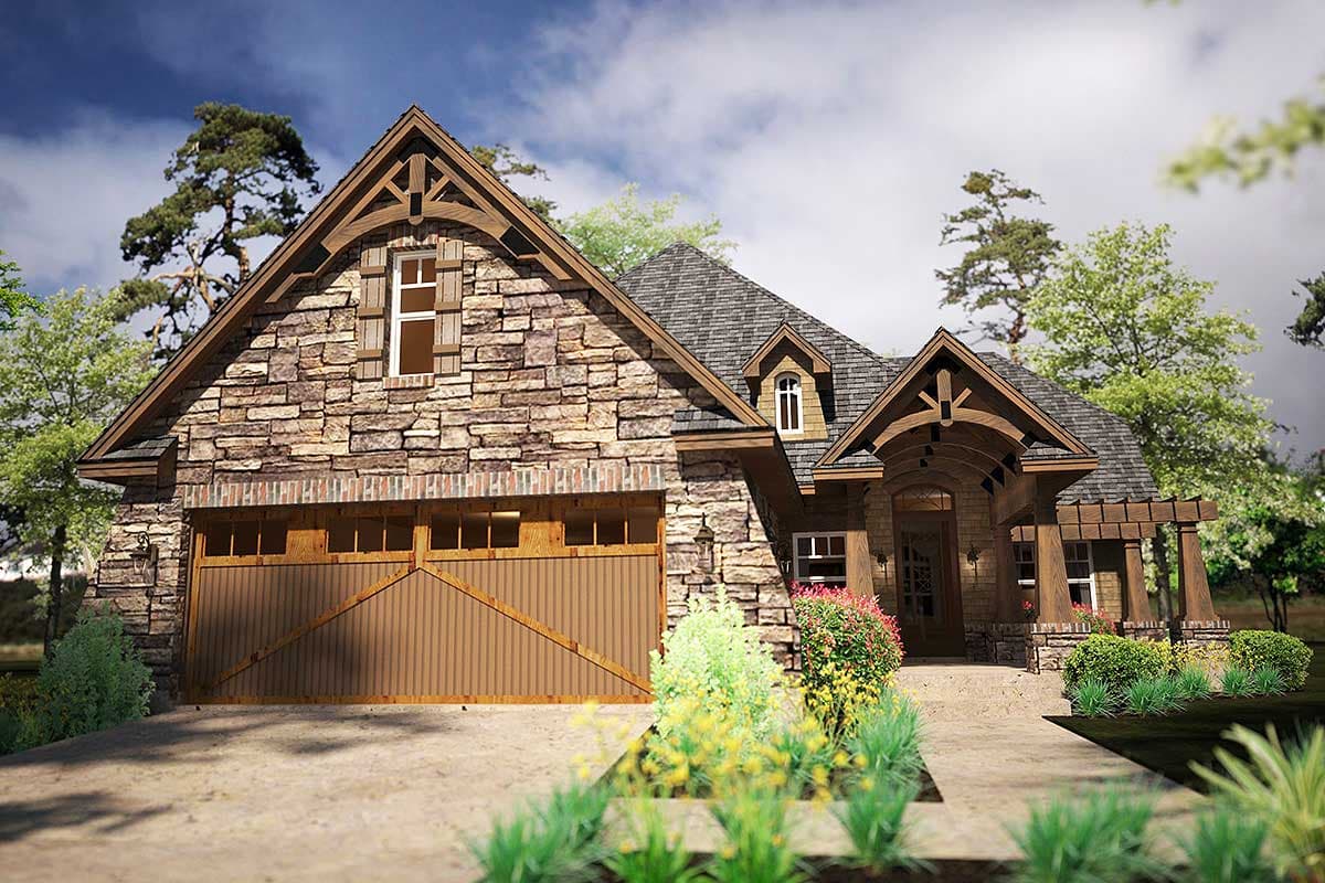 House plan exterior in stone and wood. Features prominent gables with exposed rafter tails and a covered entry.
