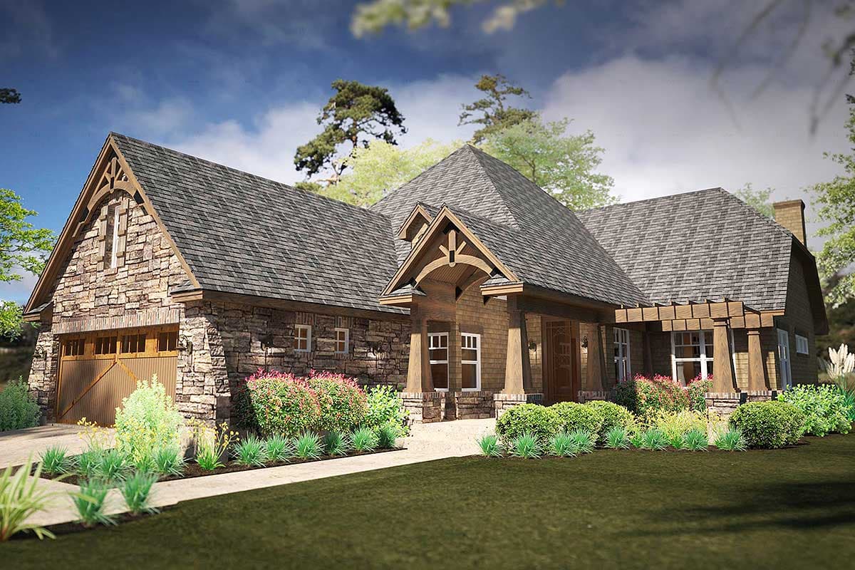 House plan exterior: Craftsman style, one story, stone facade, prominent gabled dormer, covered entry with exposed beams, attached garage.
