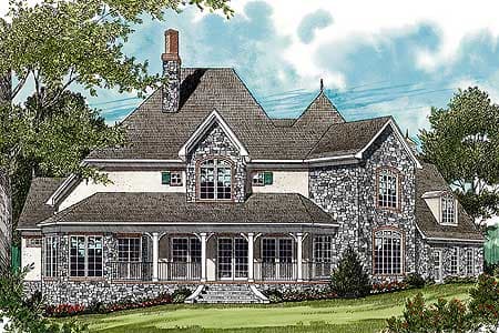 House plan exterior: European style, two stories, stone facade, wraparound porch with columns, multiple gables, and dormers.