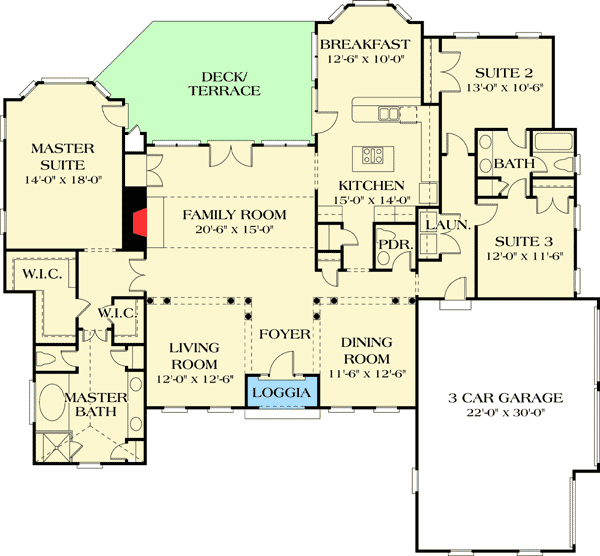 Plan 1743LV: 4 Bedroom Traditional House Plan with Formal Living and Dining Rooms - 2500 Sq Ft - Floor Plan - Main Level - European, French Country, Traditional