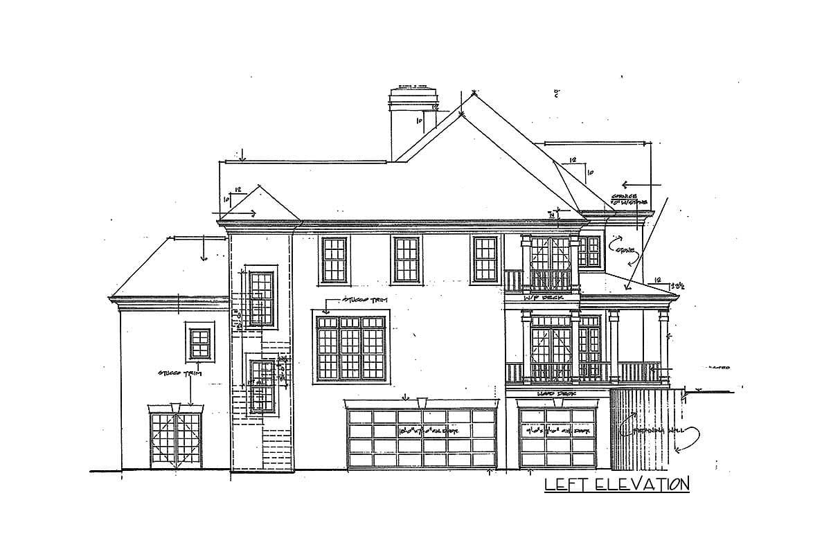 Left elevation house plan shows a two-story structure with multiple gables, a prominent chimney, and a covered deck area.